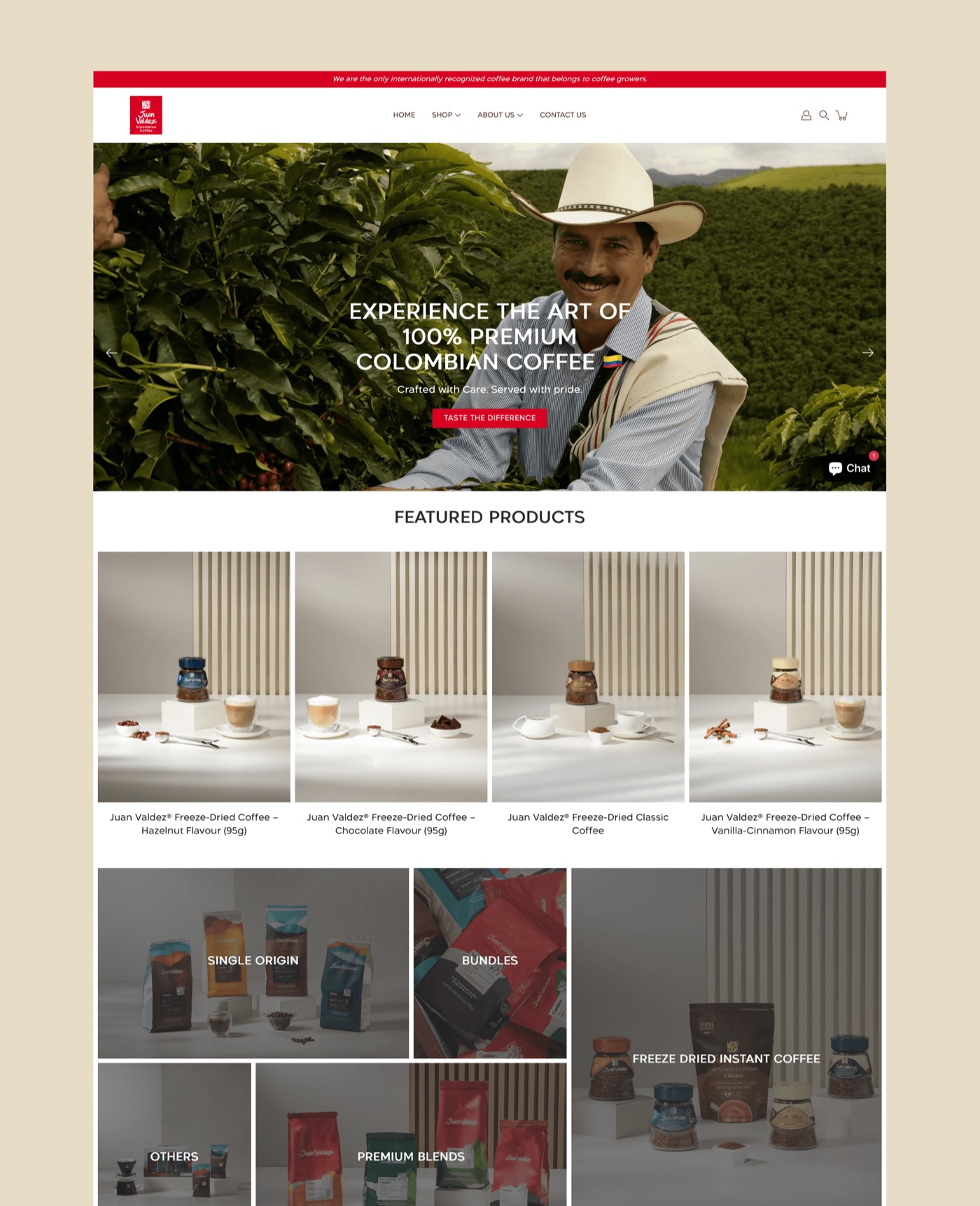 Screenshot of the Juan Valdez NZ online shop.